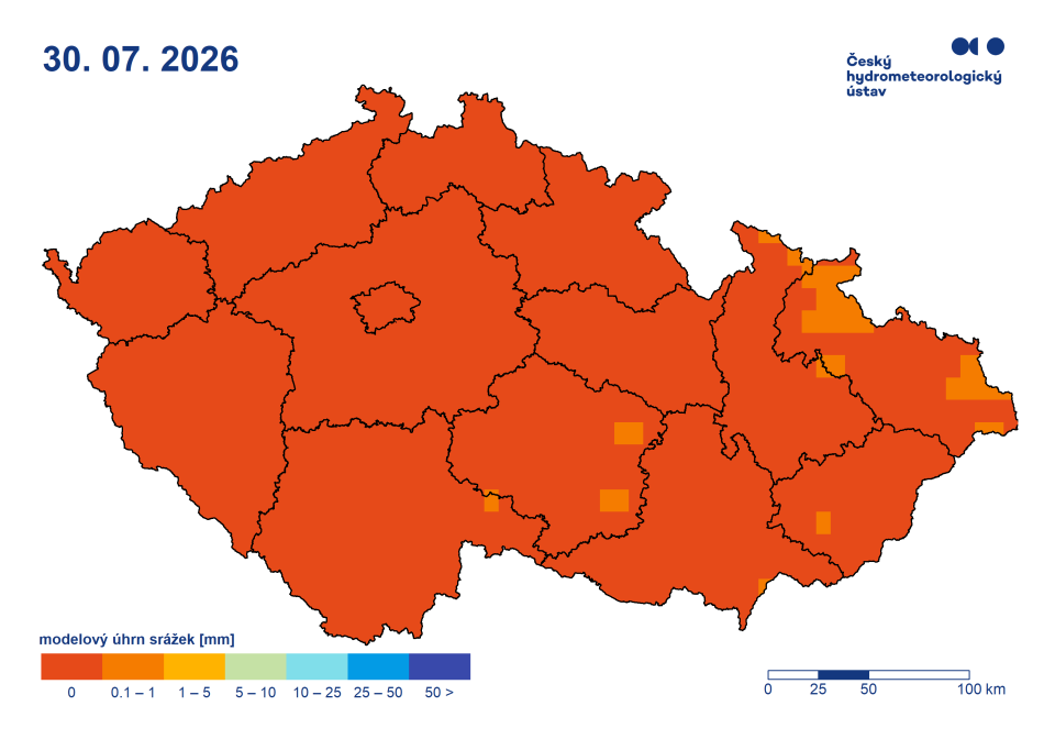 Výhled úhrnu srážek, 6. den výhledu