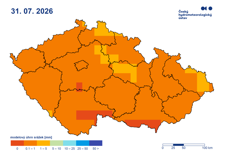 Výhled úhrnu srážek, 7. den výhledu